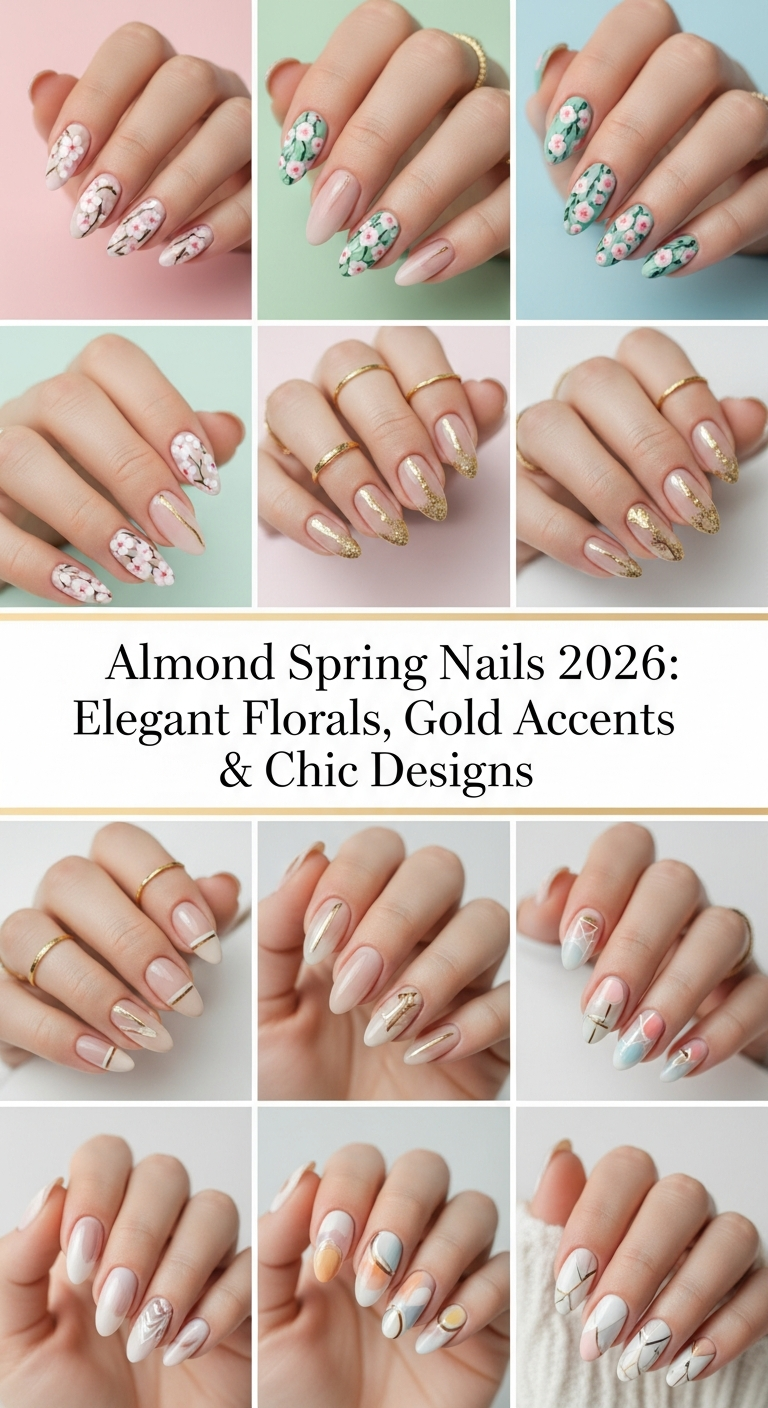 Almond Spring Nails 2026: Elegant Florals, Gold Accents & Chic Designs