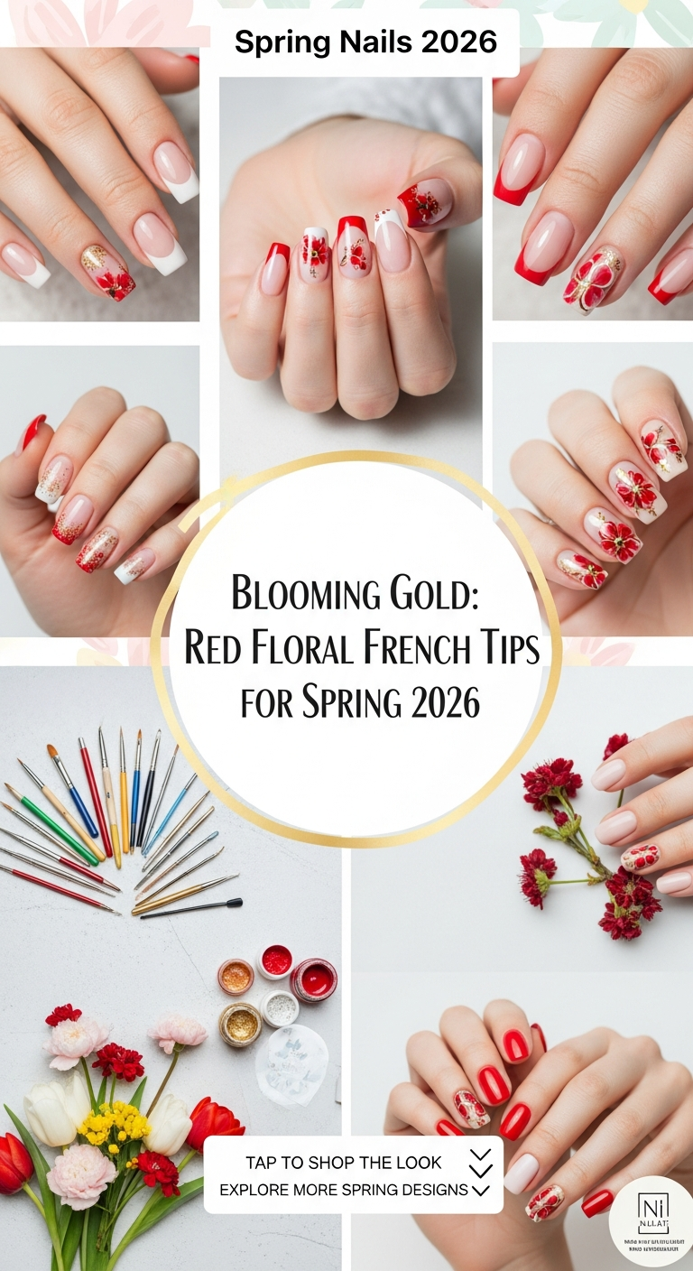 Blooming Gold: Red Floral French Tips for Spring 2026
